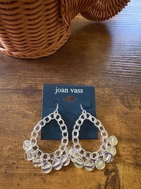 Joan Vass Shiny Silver Chain Hoop Earrings with Dangle Beads